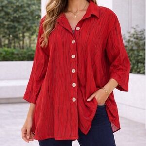 Ali Miles Red Black Abstract Stripe Button Up Blouse 3/4 Sleeve Plus Size 2X D3